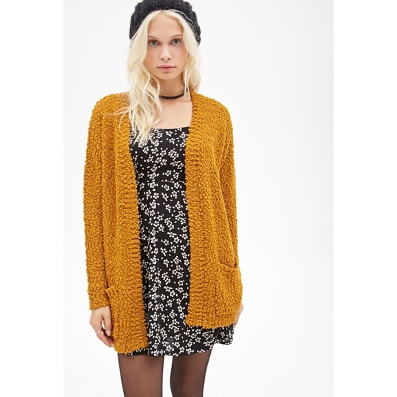 Chunky Knit Fuzzy Mustard Cardigan 